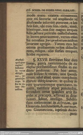 §. XXVII. Mathesis quid, quotuplex? Influxus in varias disciplinas, inprimis Jurispr. Usus in ea, imo Necessitas