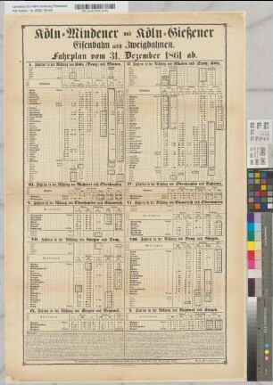 Köln-Mindener und Köln-Gießener Eisenbahn nebst Zweigbahnen. Fahrplan vom 31. Dezember 1861 ab. Druck von M. DuMont-Schauberg in Köln