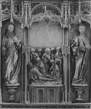 Beweinung Christi, flankiert von den Aposteln Petrus und Paulus