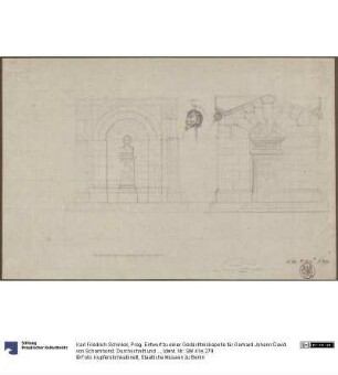 Prag. Entwurf zu einer Gedächtniskapelle für Gerhard Johann David von Scharnhorst. Durchschnitt und Aufriss, Löwenkopf als Wasserspeier