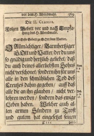 Die II. Classis. Folgen Gebett vor und nach Empfahung des H. Abendmals.