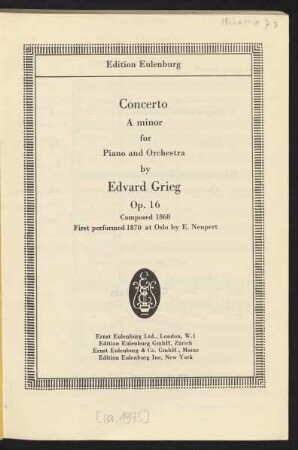 Concerto : A minor : for piano and orchestra : op. 16