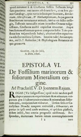 Epistola VI. De Fossilium marinorum & foliorum Mineralium origine.
