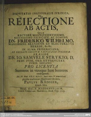 Dissertatio Inauguralis Iuridica, De Reiectione Ab Actis