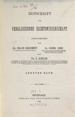 Zeitschrift für vergleichende Rechtswissenschaft : Archiv für internationales Wirtschaftsrecht. 10. 1892