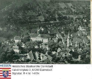 Erbach im Odenwald, Ansicht mit Schloss / Luftaufnahme / Rückseite: Reklame für Café Thesing