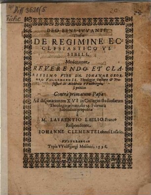 Theses De Regimine Ecclesiastico Visibili