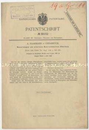 Patentschrift einer Neuerung am eisernen Querschwellen-Oberbau, Patent-Nr. 38152