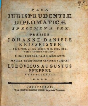 Jurisprudentiæ Diplomaticæ Specimina Sex