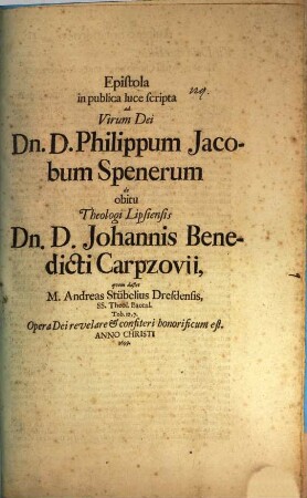 Epistola ... ad ... Ph. J. Spenerum de obitu Theologi Lips. Jo. Bened. Carpzovii