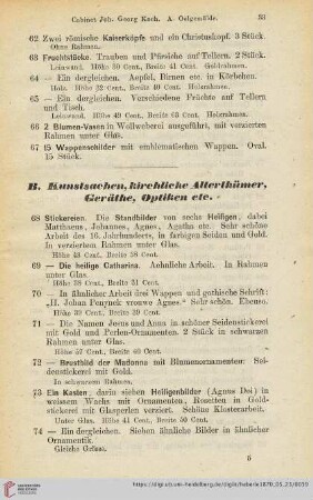 B. Kunstsachen, kirchlicher Alterthümer, Geräthe, Optiken etc (Nr. 68 - 174)