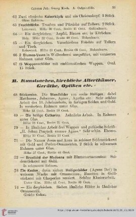 B. Kunstsachen, kirchlicher Alterthümer, Geräthe, Optiken etc (Nr. 68 - 174)