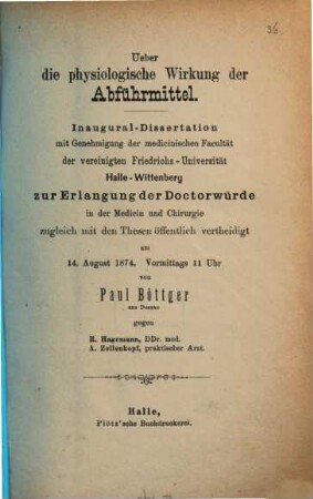 Ueber die physiologische Wirkung der Abführmittel : Inaug. Diss.