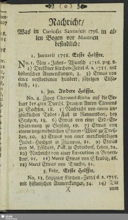 Nachricht, Was in Curiosis Saxonicis 1756. in allen Bogen vor Materien befindlich