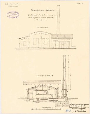 Hafengebäude, Danzig-Neufahrwasser: Maschinenhaus: Aufriss Vorderansicht, Querschnitt 1:100