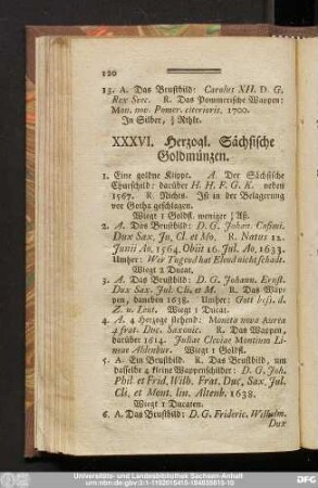 XXXVI. Herzogl. Sächsische Goldmünzen.