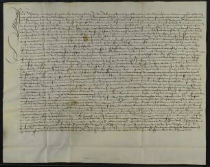 Philipp Monschein, Kaplan an der Heiligkreuzkapelle in Ulm [abgegangen, Bereich Weinhof], verleiht dem Ziegler Wilhelm ("Willin") Metzger, dem Bierwirt und Karrer Konrad Franck und dem Karrer Jakob Breinlin, alle drei Bürger zu Ulm, Wiesen und Äcker in dem Gemarkungen Ulm und Neu-Ulm auf seine und ihre Lebenszeit. Die Beliehenen sollen die Wiesen und Äcker in gutem Kulturzustand halten. Sie müssen davon dem Kaplan jeder jährlich 6 Imi Fesen und 6 Imi Hafer Ulmer Maß und 6 Pfund Heller Heugeld liefern.