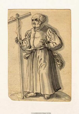 Apostel Philippus, halb nach links, den Kreuzesstab in der Rechten, mit geschlitzten Ärmeln