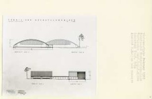Tennis- und Hockeyclubanlage, Berlin-Charlottenburg (Diplomarbeit bei Karl Wilhelm Ochs): Tennishallen, Ansichten von Westen, Süden und Schnitte 1:200