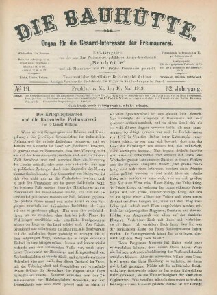 No 19. Frankfurt a. M., den 10. Mai 1919. 62. Jahrgang.