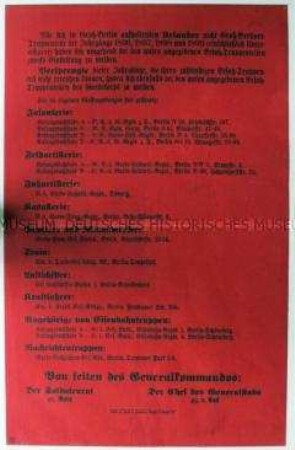 Maueranschlag des Soldatenrates und des Generalstabes mit der Aufforderung an beurlaubte Soldaten, sich bei ihren Truppenteilen zu melden