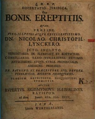 Dissertatio Iuridica De Bonis Ereptitiis