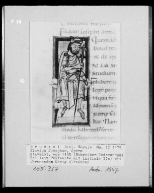 Ms II 1179, Flavius Josephus, Opera, fol. 141v: Text mit Initiale I mit thronendem König Alexander