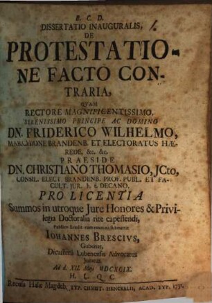Diss. inaug. de protestatione, facto contraria