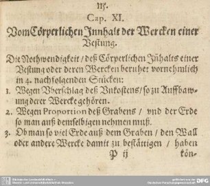 Cap. XI. Vom Cörperlichen Innhalt der Wercken einer Vestung.