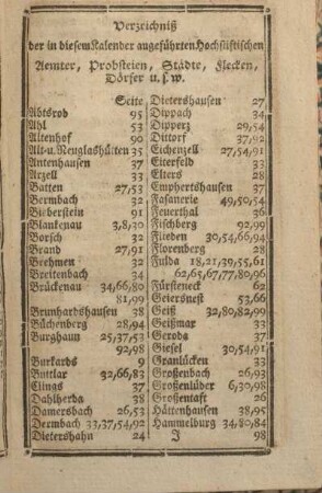 Verzeichniß der in diesem Kalender angeführten Hochstiftischen Aemter, Probsteien, Städte, Flecken, Dörfer u. s. w.
