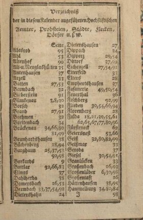 Verzeichniß der in diesem Kalender angeführten Hochstiftischen Aemter, Probsteien, Städte, Flecken, Dörfer u. s. w.
