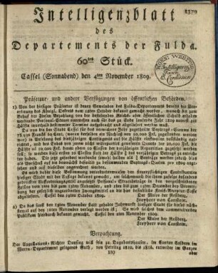 60tes Stueck, (Sonnabend) den 4ten November 1809