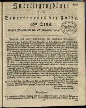 60tes Stueck, (Sonnabend) den 4ten November 1809