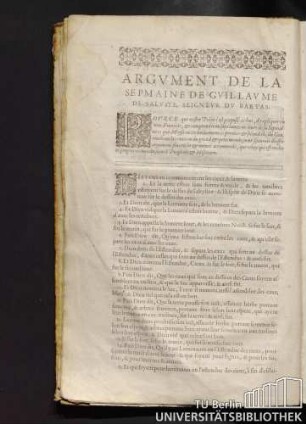 Argument De La Sepmaine De Guillaume De Saluste, Seigneur Du Bartas.