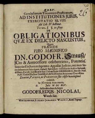 Conclusionum Theoretico-Practicarum, Ad Institutiones Iuris, Exercitatio XL VIII. Ad Lib. IV. Institut. Titul. I. §. 11. seqq. De Obligationibus Quae Ex Delicto Nascuntur