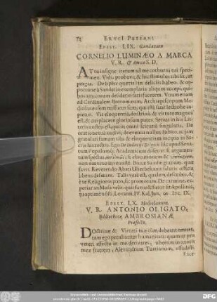 Epist. LX. Mediolanum. V. R. Antonio Oligato, Bibliothecae Ambrosianae Praefecto.