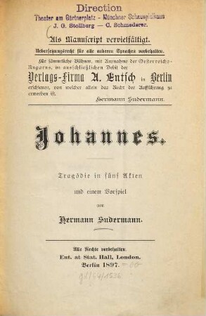 Johannes : Tragödie in fünf Akten und einem Vorspiel