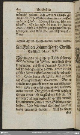 Am Fest der Himmelfarth Christi, Evangel. Marc. XVI