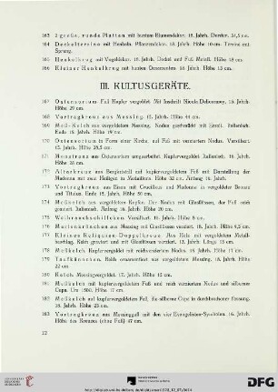 III. Kultusgeräte (Nr. 167-239)