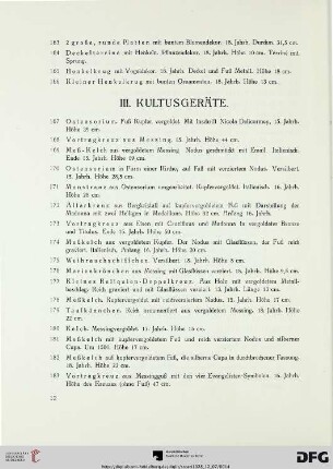 III. Kultusgeräte (Nr. 167-239)