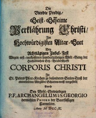 Geistgeheime Verklährung Christi im Hochw. Altar-Guet. : Predig