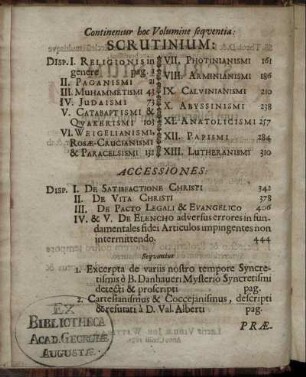 Continentur hoc Volumine sequentia: Scrutinium, Accessiones