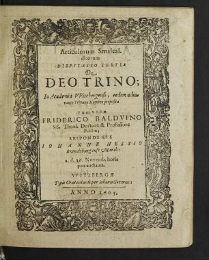 Articulorum Smalcaldicorum Disputatio Tertia De Deo Trino