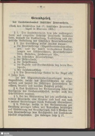 Grundgesetz des Landesverbandes sächsischer Feuerwehren : (nach den Beschlüssen des 17. sächsischen Feuerwehrtages in Meerane 1905)