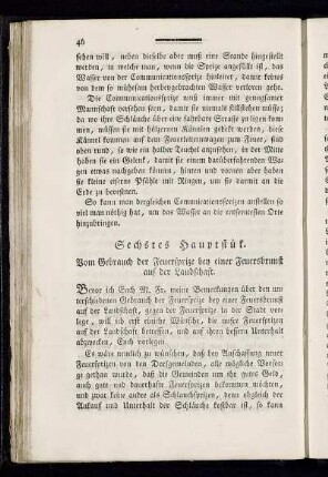Sechstes Hauptstük. Vom Gebrauch der Feuersprize bey einer Feuersbrunst auf der Landschaft.
