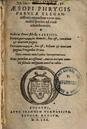 Aesopi Phrygis fabulae : elegantissimis eiconibus veras animaliu[m] species ad viuu[m] adumbrantes