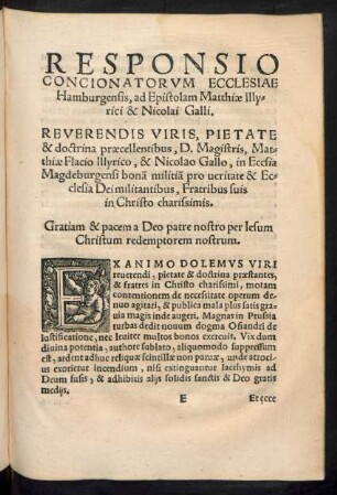 Responsio Concionatorum Ecclesiae Hamburgensis, ad Epistolam Matthiae Illyrici & Nicolai Galli.