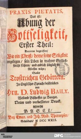 Praxis Pietatis, Das ist: Ubung der Gottseligkeit, Erster Theil