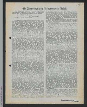 Presseberichte über den Frauenkongreß für kommunale Arbeit - 27. Generalversammlung des ADF 1913 in Gießen