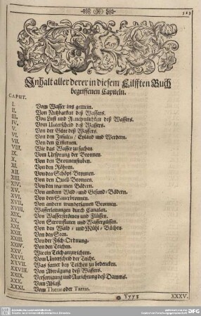 Inhalt aller derer in diesem Eilfften Buch begriffenen Capiteln.